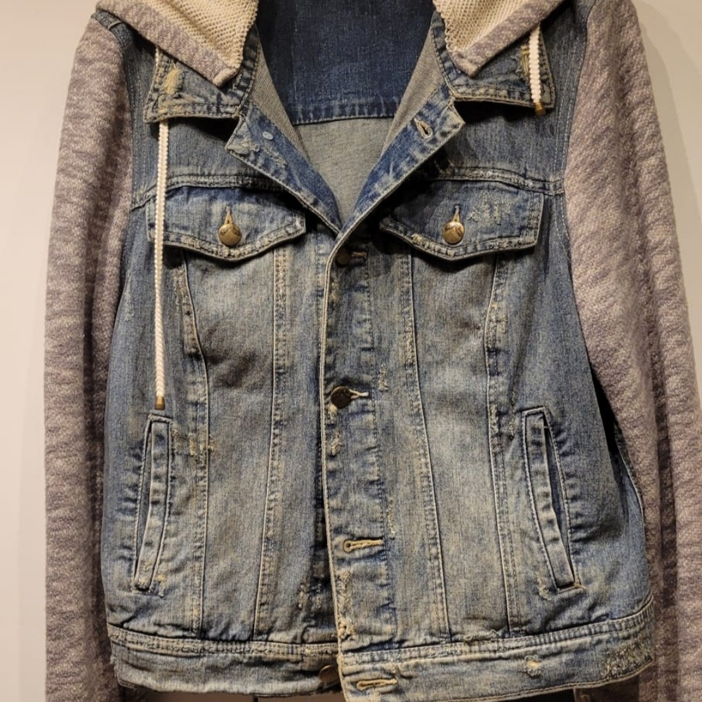 Free People Denim and Gray Hooded Jacket